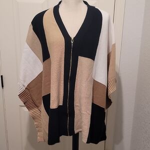 Rafaella Black and Tan Colorblock Poncho